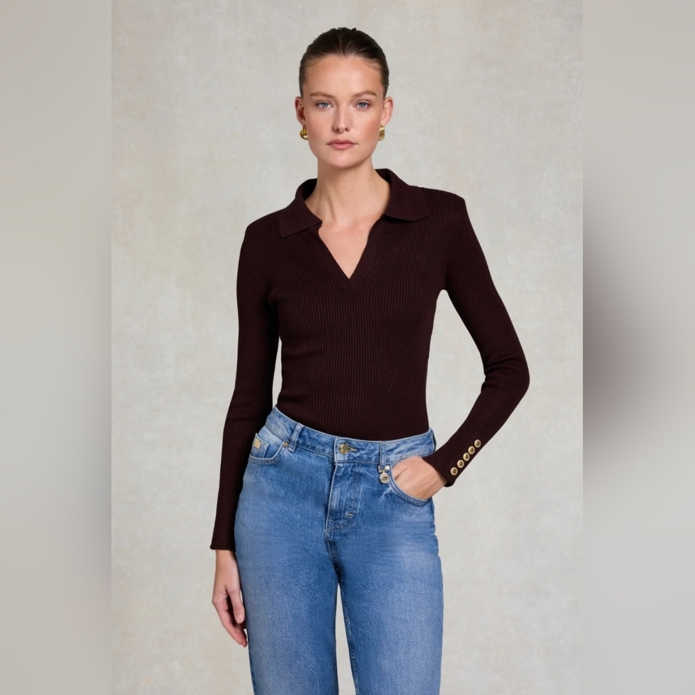 Holland Cooper V-Neck Rib Top in chocolate brown.